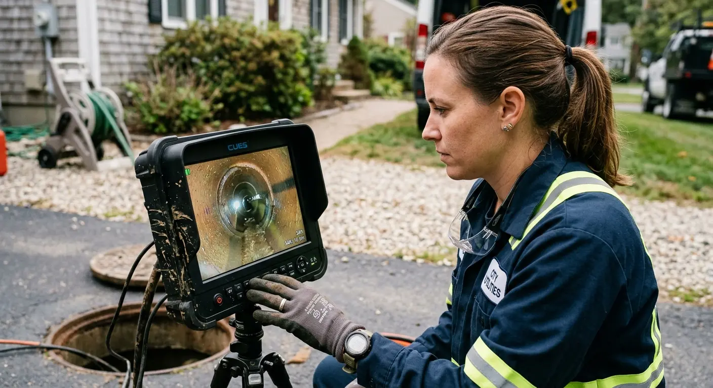 Technician reviewing sewer camera inspection footage in La Junta
