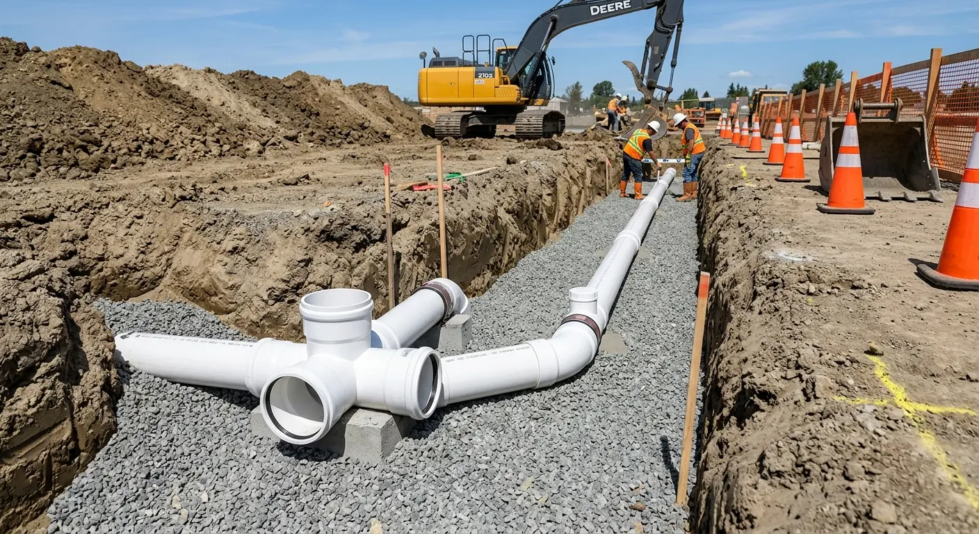 New PVC sewer pipe installation in open trench for Grease Trap Cleaning in La Junta