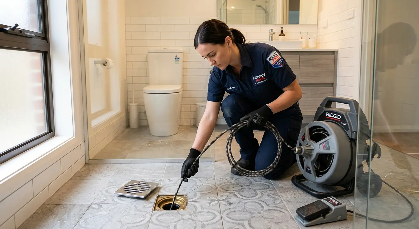 Technician clearing a bathroom floor drain for Clogged Drain Repair in La Junta